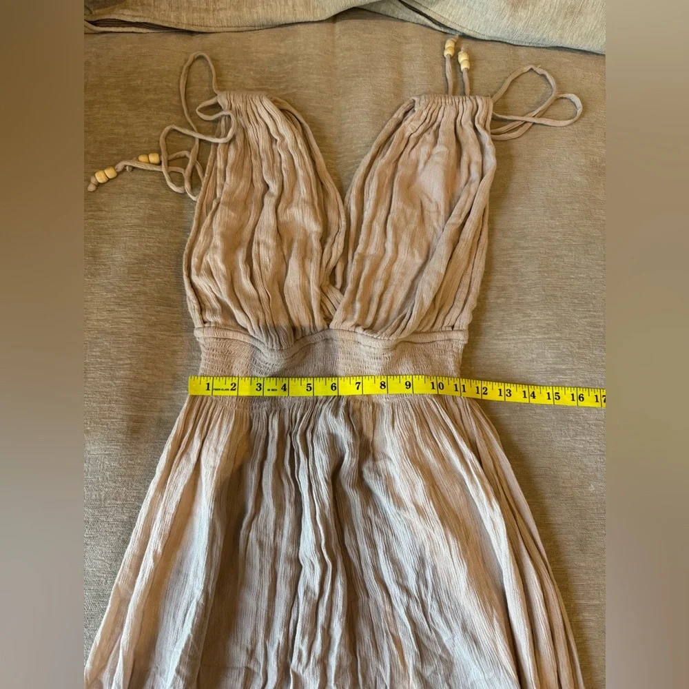 Free People S Boho Gauze Harem Jumpsuit Beige Taupe Smocked Waist Beaded Straps - Picture 10 of 10